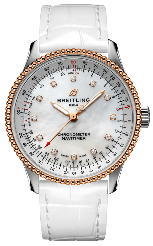 Breitling Navitimer Automatic 35 Mother of Pearl Dial White Leather Strap Watch for Women - U17395211A1P3 Authentic Buy Shop Now