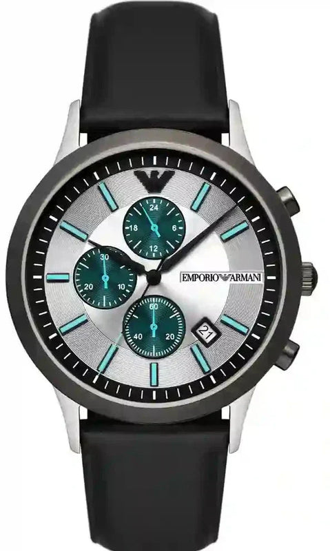 Emporio Armani Renato Chronograph Silver Dial Black Leather Strap Watch for Men - AR11473 Authentic Buy Shop Now