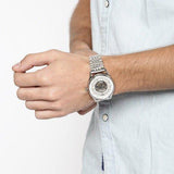 Emporio Armani Meccanico Skeleton Silver Dial Silver Steel Strap Watch For Men - AR1945 Authentic Buy Shop Now