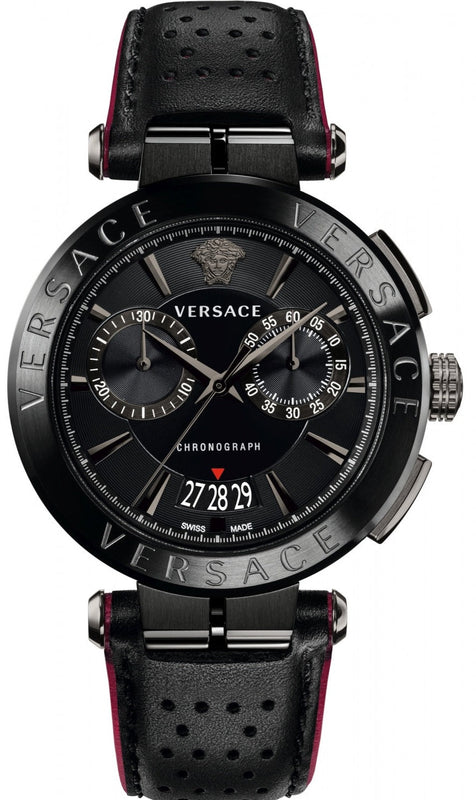 Versace V-Racer Aion Chronograph Black Dial Black Leather Strap Watch for Men - VBR030017 Authentic Buy Shop Now