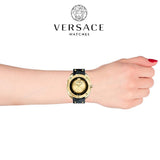 Versace Shadov Quartz Gold Dial Black Leather Strap Watch for Women - VEBM00318 Authentic Buy Shop Now