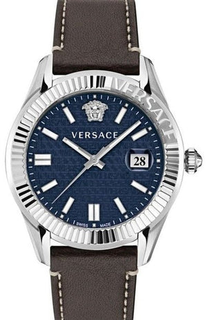 Versace Greca Time Quartz Blue Dial Brown Leather Strap Watch For Men - VE3K00122 Authentic Buy Shop Now