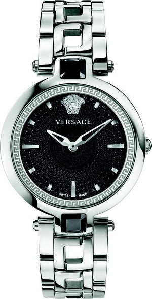 Versace Crystal Gleam Guilloche Black Dial Silver Steel Strap Watch for Women - VAN030016 Authentic Buy Shop Now