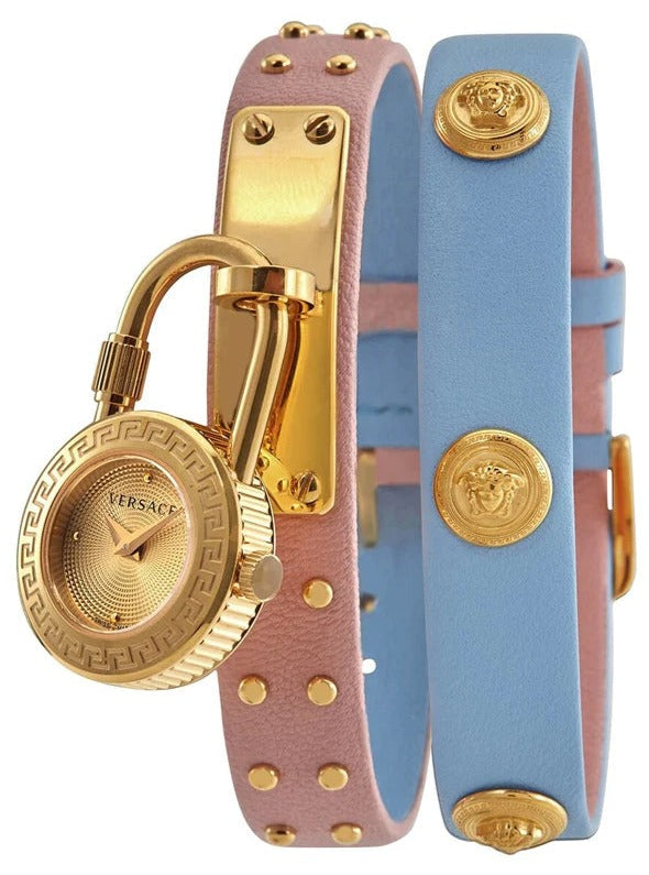 Versace Medusa Lock Icon Quartz Gold Dial Pink & Blue Leather Strap Watch For Women - VEDW00219 Authentic Buy Shop Now