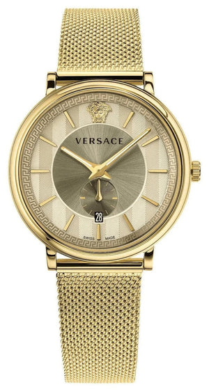 Versace V Circle Quartz Gold Dial Gold Mesh Bracelet Watch For Men - VBQ070017 Authentic Buy Shop Now