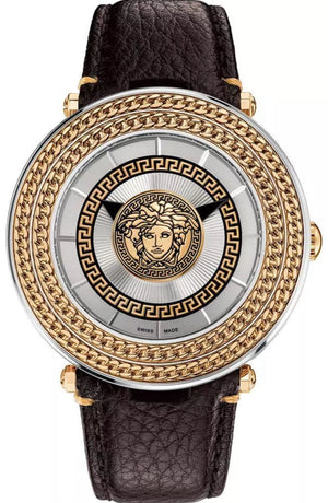 Versace V Metal Icon Quartz Silver Dial Brown Leather Strap Watch For Men - VQL010015 Authentic Buy Shop Now