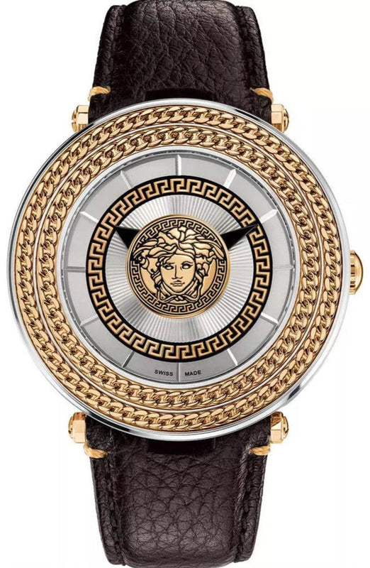 Versace V Metal Icon Quartz Silver Dial Brown Leather Strap Watch For Men - VQL010015 Authentic Buy Shop Now