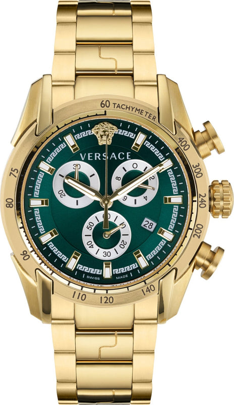 Versace V-Ray Chronograph Quartz Green Dial Gold Steel Strap Watch For Men - VE2I00621 Authentic Buy Shop Now