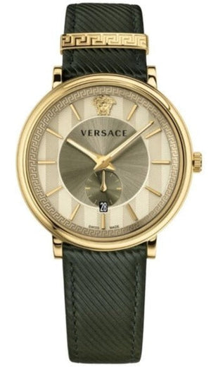 Versace V-Circle Manifesto Gold Dial Black Leather Strap Watch for Men - VBQ030017 Authentic Buy Shop Now