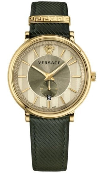 Versace V-Circle Manifesto Gold Dial Black Leather Strap Watch for Men - VBQ030017 Authentic Buy Shop Now