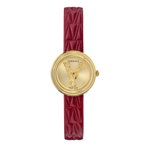 Versace Virtus Mini Quartz Gold Dial Red Leather Strap Watch For Women - VET300521 Authentic Buy Shop Now