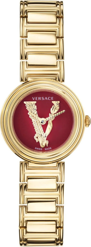 Versace Virtus Mini Quartz Red Dial Gold Steel Strap Watch For Women - VET300321 Authentic Buy Shop Now