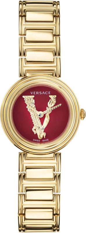 Versace Virtus Mini Quartz Red Dial Gold Steel Strap Watch For Women - VET300321 Authentic Buy Shop Now