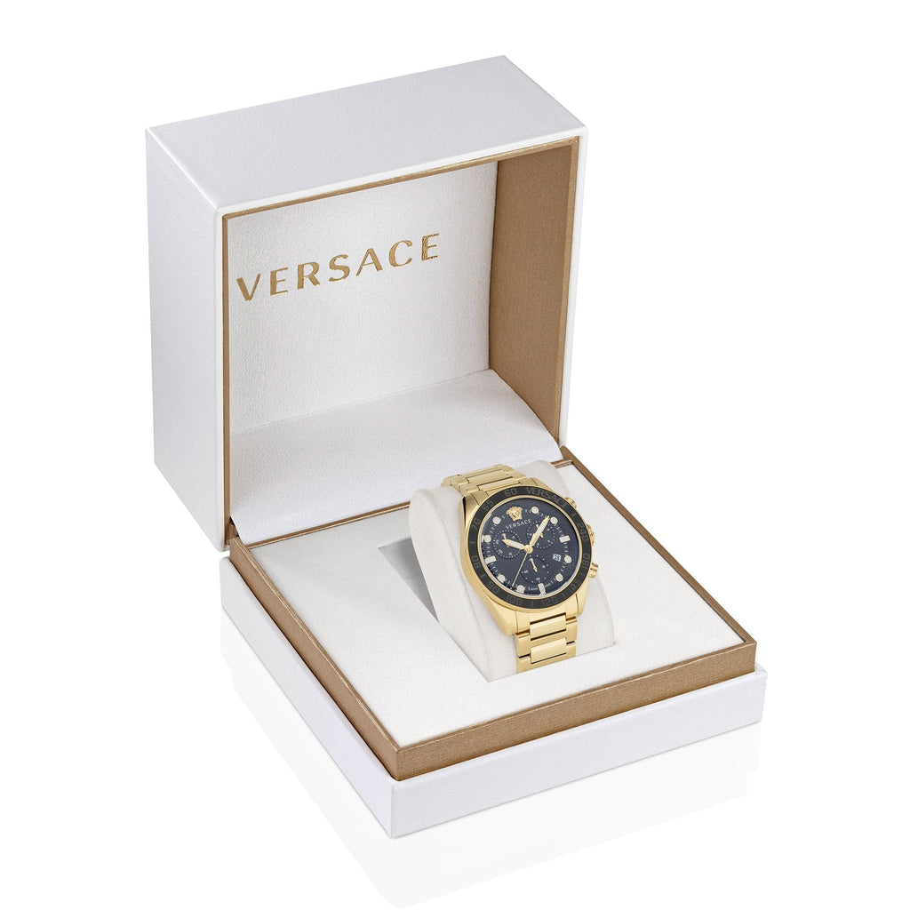 Versace Greca Dome Chronograph Black Dial Gold Steel Strap Watch for Men - VE6K00523 Authentic Buy Shop Now