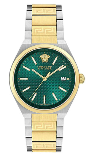 Versace V-Auria Quartz Green Dial Two Tone Steel Strap Watch for Men - VE0F00425