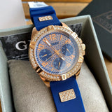 Guess Frontier DIamonds Gold Dial Blue Rubber Strap Watch For Women - W1160L3 Authentic Buy Shop Now