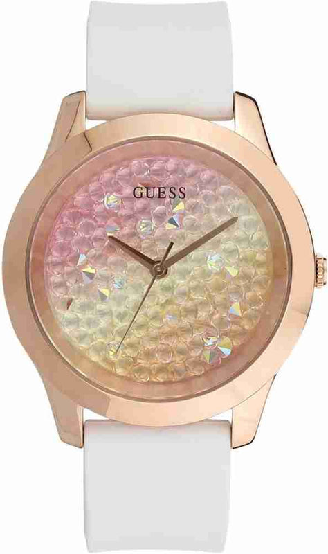 Guess Crush Crystals Gold Dial White Rubber Strap Watch for Women - W1223L3 Authentic Buy Shop Now