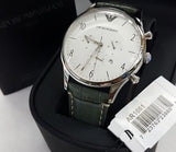 Emporio Armani Classic Chronograph Silver Dial Grey Leather Strap Watch For Men - AR1861 Authentic Buy Shop Now