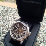 Emporio Armani Meccanico Automatic Black Dial Leather Strap Watch For Men - AR4629 Authentic Buy Shop Now
