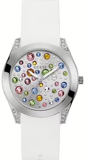 Guess Wanderlust Crystals Silver Dial White Rubber Strap Watch For Women - W1059L3 Authentic Buy Shop Now
