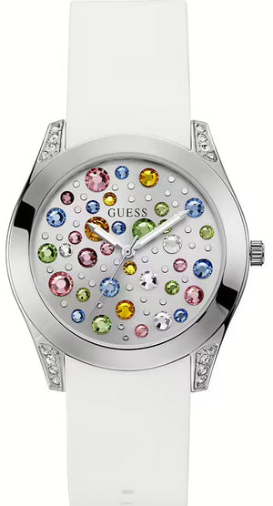 Guess Wanderlust Crystals Silver Dial White Rubber Strap Watch for Women - W1059L1 Authentic Buy Shop Now