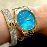 Michael Kors Slim Runway Blue Mother of Pearl Dial Gold Steel Strap Watch for Women - MK3492 Authentic Buy Shop Now