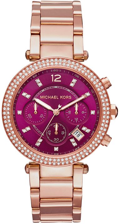 Michael Kors Parker Chronograph Purple Dial Rose Gold Steel Strap Watch For Women - MK6417 Authentic Buy Shop Now