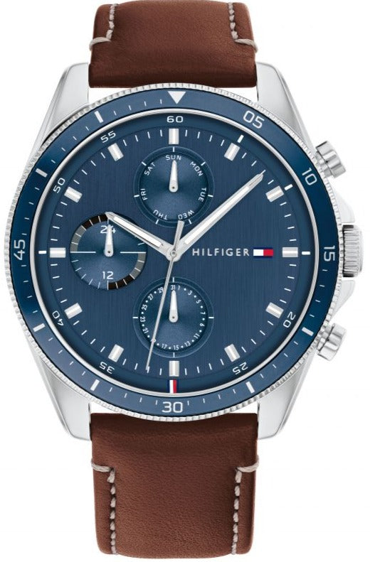 Tommy Hilfiger Parker Chronograph Blue Dial Brown Leather Strap Watch For Men - 1791837 Authentic Buy Shop Now