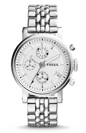 Fossil Boyfriend Chronograph Silver Dial Silver Steel Strap Watch for Women - ES2198 Authentic Buy Shop Now