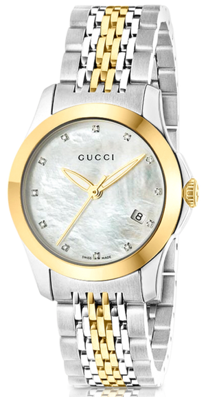 Gucci G Timeless Diamonds Mother of Pearl Dial Two Tone Mesh Bracelet Watch for Women - YA126513 Authentic Buy Shop Now