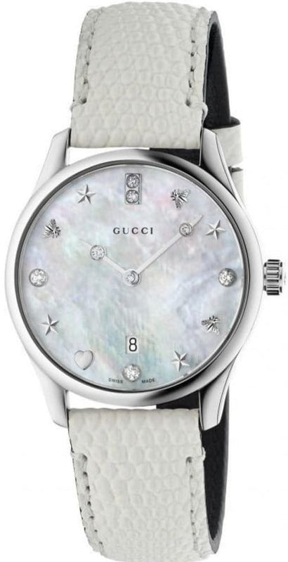 Gucci G-Timeless Mother of Pearl White Dial White Leather Strap Watch For Women - YA126597 Authentic Buy Shop Now