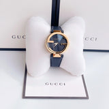 Gucci Interlocking G Gold Black Dial Black Leather Strap Unisex Watch - YA133326 Authentic Buy Shop Now