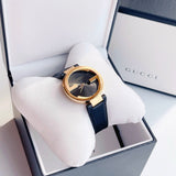 Gucci Interlocking G Gold Black Dial Black Leather Strap Unisex Watch - YA133326 Authentic Buy Shop Now