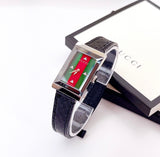 Gucci G-Frame Mother of Pearl Green & Red Dial Black Leather Strap Watch For Women - YA147403 Authentic Buy Shop Now