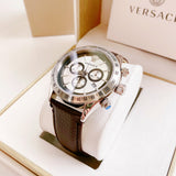 Versace Classic Chronograph Quartz Silver Dial Brown Leather Strap Watch For Men - VEV700119 Authentic Buy Shop Now