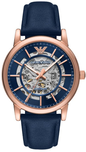 Emporio Armani Meccanico Automatic Blue Dial Blue Leather Strap Watch For Men - AR60050 Authentic Buy Shop Now