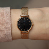 Daniel Wellington Petite Pressed Melrose Black Dial Rose Gold Mesh Strap Watch For Women - DW00100440 Authentic Buy Shop Now