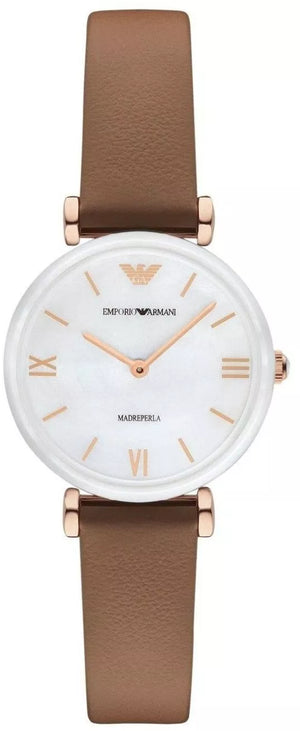 Emporio Armani Gianni T Bar Quartz Mother of Pearl White Dial Brown Leather Strap Watch For Women - AR11040 Authentic Buy Shop Now