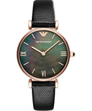 Emporio Armani Gianni T Bar Black Mother of Pearl Dial Black Leather Strap Watch For Women - AR11060 Authentic Buy Shop Now