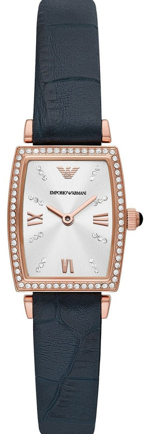 Emporio Armani Gianni T Bar Crystals Silver Dial Blue Leather Strap Watch For Women - AR11469 Authentic Buy Shop Now