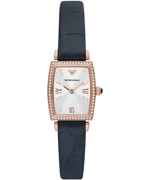 Emporio Armani Gianni T Bar Crystals Silver Dial Blue Leather Strap Watch For Women - AR11469 Authentic Buy Shop Now