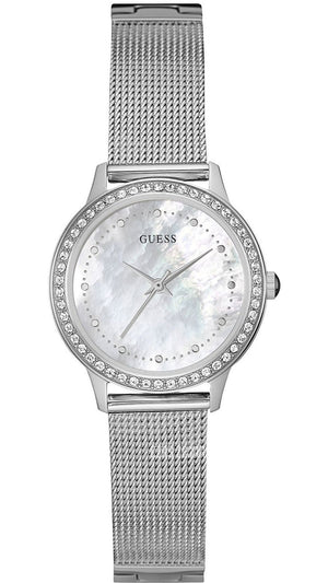 Guess Chelsea Mother of Pearl White Dial Silver Mesh Strap Watch For Women - W0647L1 Authentic Buy Shop Now
