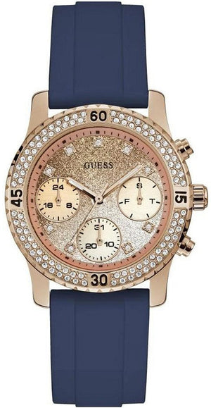 Guess Confetti Diamonds Gold Dial Blue Rubber Strap Watch For Women - W1098L6 Authentic Buy Shop Now