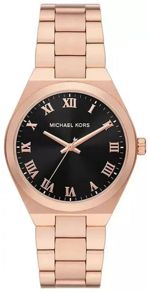Michael Kors Lennox Three Hand Black Dial Rose Gold Steel Strap Watch For Women - MK7392 Authentic Buy Shop Now