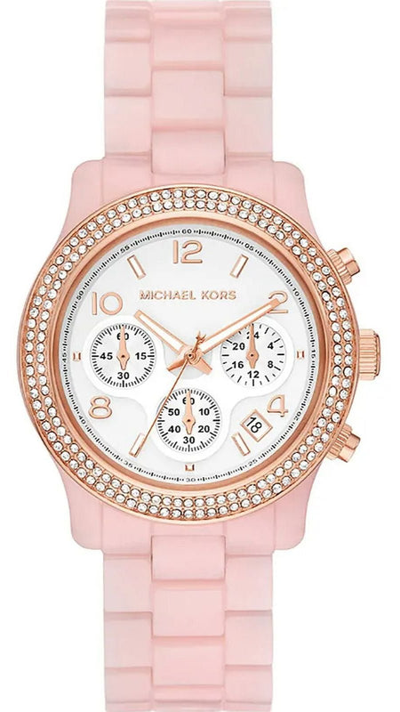 Michael Kors Runway Chronograph White Dial Pink Steel Strap Watch for Women - MK7424 Authentic Buy Shop Now