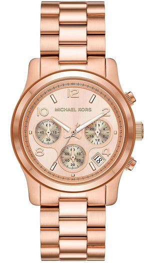 Michael Kors Runway Chronograph Rose Gold Dial Rose Gold Steel Strap Watch For Women - MK7324 Authentic Buy Shop Now