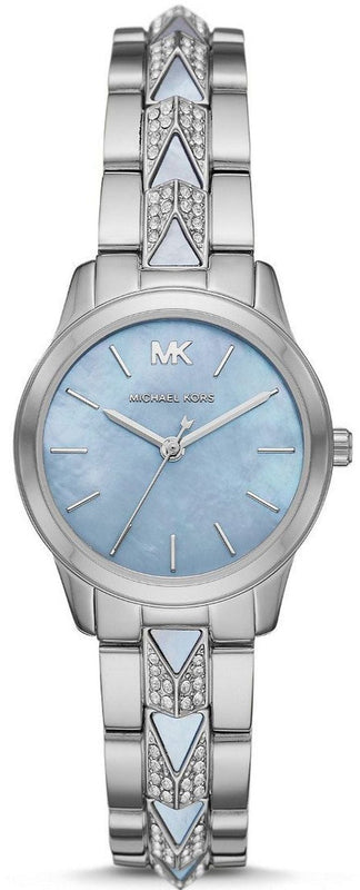 Michael Kors Runway Mercer Quartz Mother of Pearl Blue Dial Silver Steel Strap Watch For Women - MK6857 Authentic Buy Shop Now