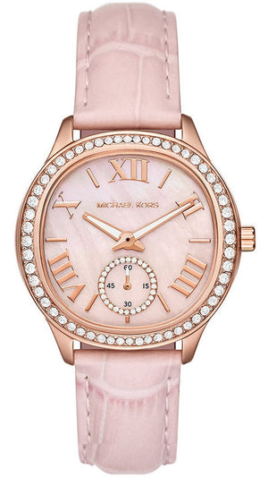 Michael Kors Sage Three-Hand Mother of Pearl Pink Dial Pink Leather Strap Watch for Women - MK4820 Authentic Buy Shop Now