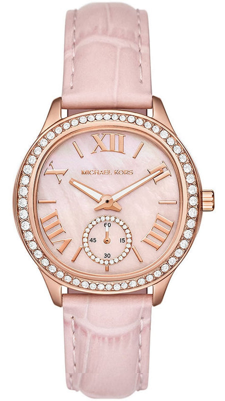 Michael Kors Sage Three-Hand Mother of Pearl Pink Dial Pink Leather Strap Watch for Women - MK4820 Authentic Buy Shop Now