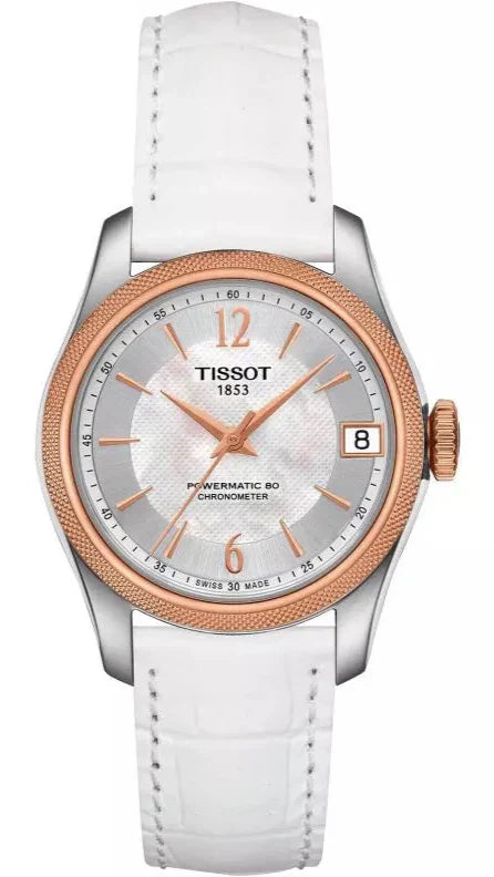 Tissot T-Classic Powermatic 80 Mother of Pearl Silver Dial White Leather Strap Watch For Women - T108.208.26.117.00 Authentic Buy Shop Now